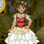 En kvinne i steampunk-antrekk med rødt korsett og hvit rysjekjole står foran et tannhjulsmotiv, ved siden av en delvis synlig klokke