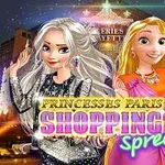 To an unge, animerte figurer i fargerike klær foran en lysende bygning om natten med teksten Princesses Paris Shopping Spree