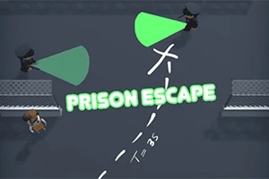 To personer i mørke klær står i et rom med grønne lyskegler, og teksten PRISON ESCAPE er skrevet i midten