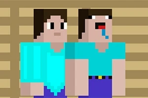 To pixelerte figurer med blå skjorter og brunt hår, hvor den ene ser normal ut mens den andre har åpen munn og tungen hengende ut