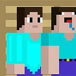To pixelerte figurer med blå skjorter og brunt hår, hvor den ene ser normal ut mens den andre har åpen munn og tungen hengende ut