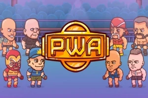 Tegneseriefigurer i wrestling-antrekk står rundt et PWA-skilt i en ring
