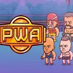 Tegneseriefigurer i wrestling-antrekk står rundt et PWA-skilt i en ring