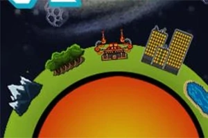 En liten, grønn planet med fjell, skog, en bygning, bygningskompleks og et lite vann under en mørk stjernehimmel med asteroider