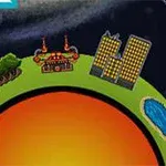 En liten, grønn planet med fjell, skog, en bygning, bygningskompleks og et lite vann under en mørk stjernehimmel med asteroider