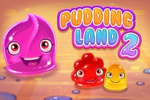 Tre smilende geléfigurer i ulike farger med ansikter, plassert foran teksten Pudding Land 2