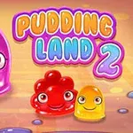 Tre smilende geléfigurer i ulike farger med ansikter, plassert foran teksten Pudding Land 2
