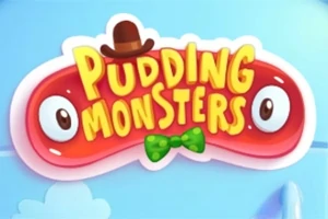 Rød puddingfigur med store øyne, brun hatt og grønn sløyfe, med teksten Pudding Monsters i gule bokstaver