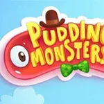 Rød puddingfigur med store øyne, brun hatt og grønn sløyfe, med teksten Pudding Monsters i gule bokstaver
