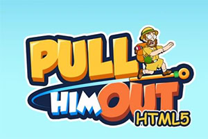 Tegneseriefigur i safariantrekk sitter på bokstaven T i setningen Pull Him Out HTML5 med blå bakgrunn