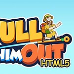 Tegneseriefigur i safariantrekk sitter på bokstaven T i setningen Pull Him Out HTML5 med blå bakgrunn