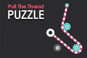 Tekst Pull The Thread Puzzle ved siden av en illustrasjon av en rød- og hvitstripet tråd som går gjennom ringer på en mørk bakgrunn
