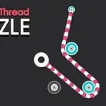 Tekst Pull The Thread Puzzle ved siden av en illustrasjon av en rød- og hvitstripet tråd som går gjennom ringer på en mørk bakgrunn