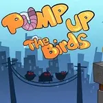En grønn fugl sitter på en bygning med en bysilhuett i bakgrunnen og teksten Pump Up The Birds vises i fargerike bokstaver