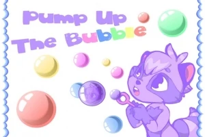 En lilla tegneseriefigur blåser såpebobler i ulike farger, med teksten Pump Up The Bubble øverst