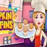 Illustrasjon av en kokk med et brett med muffins i et kjøkkenmiljø, omgitt av trinnvise bilder for baking av gresskarmuffins