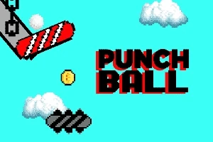 Tegnet bilde med en rød plattform, en gul ball, hvite skyer og teksten PUNCH BALL på en lyseblå bakgrunn