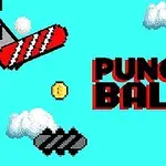 Tegnet bilde med en rød plattform, en gul ball, hvite skyer og teksten PUNCH BALL på en lyseblå bakgrunn