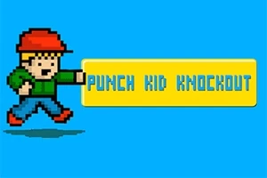 En pikselert figur med rød lue og grønn genser kaster en gul boksehanske med teksten PUNCH KID KNOCKOUT på en blå bakgrunn