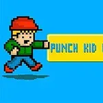 En pikselert figur med rød lue og grønn genser kaster en gul boksehanske med teksten PUNCH KID KNOCKOUT på en blå bakgrunn