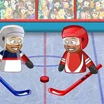 To tegneserie-ishockeyspillere med hjelmer og køller står på en isbane klare til kamp, med et publikum i bakgrunnen