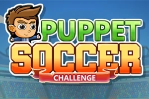 Tegneseriefigur med brunt hår ved siden av teksten Puppet Soccer Challenge i lyse farger foran en stadionbakgrunn