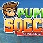 Tegneseriefigur med brunt hår ved siden av teksten Puppet Soccer Challenge i lyse farger foran en stadionbakgrunn