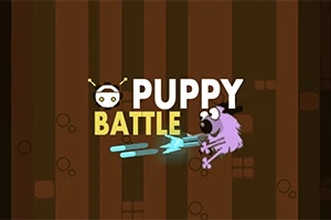 Tegnet lilla hund med hatt skyter blå prosjektiler mot en brun bakgrunn med teksten Puppy Battle