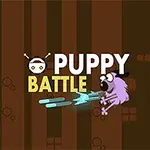 Tegnet lilla hund med hatt skyter blå prosjektiler mot en brun bakgrunn med teksten Puppy Battle