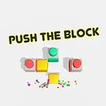 Teksten Push The Block vises over fire fargerike blokker arrangert i midten med fargerike konfetti under