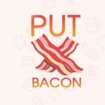 Teksten PUT over to kryssede baconskiver og teksten BACON under, med en bakgrunn av matikonografi