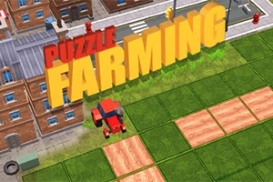 3D-tekst av Puzzle Farming svever over et rutenett med grønne og pløyde åkre, med en rød traktor nær en bygate
