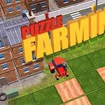 3D-tekst av Puzzle Farming svever over et rutenett med grønne og pløyde åkre, med en rød traktor nær en bygate