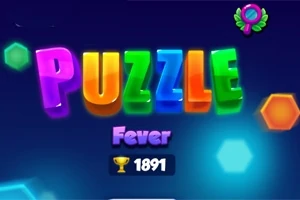 Fargerik tekst med ordet PUZZLE og Fever over et blått bakgrunn med geometriske former og et troféikon med tallet 1891
