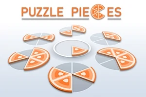 Enkel grafikk med seks sirkler som består av pizzastykker, en sirkel har et manglende stykke, og teksten Puzzle Pieces over