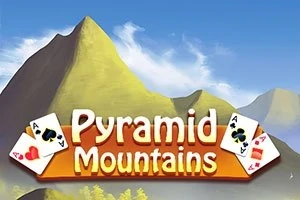 Fjellandskap med teksten Pyramid Mountains og spillkort i forgrunnen
