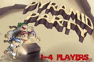 Fire tegneseriefigurer rundt en åpen kiste med glødende lys, og teksten Pyramid Party og 1-4 Players vises over dem