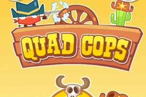 Tegneseriestil illustrasjon med en cowboy som skyter, en vognhjul, en kaktus med bart, og ordene Quad Cops i midten