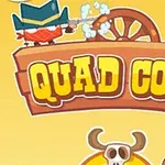 Tegneseriestil illustrasjon med en cowboy som skyter, en vognhjul, en kaktus med bart, og ordene Quad Cops i midten