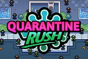 Fargerik pikselgrafikk med teksten QUARANTINE RUSH over en digital scene med små karakterer og bygninger