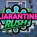 Fargerik pikselgrafikk med teksten QUARANTINE RUSH over en digital scene med små karakterer og bygninger