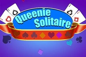 Blå oval med teksten Queenie Solitaire omgitt av spillkort og symboler på lilla bakgrunn