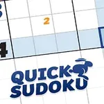 Sudokurutenett med tall og teksten Quick Sudoku i blått med en blå silhuett av en kanin