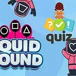 Tegneseriefigurer i rosa drakter med geometriske masker og teksten Squid Round og quiz på en blå bakgrunn