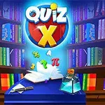 Et oppslått bok på et bord foran en bokhylle med fargerike bøker, omgitt av tall og symboler, med Quiz X i lysende bokstaver over