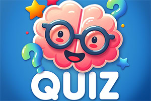 Fargerik tegneseriehjerne med briller, spørsmålstegn, stjerner og teksten «QUIZ» på blå bakgrunn