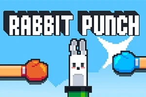 To boksehansker i rød og blå går mot en pikselert kanin, med teksten Rabbit Punch øverst