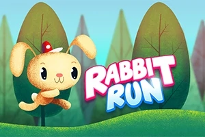 En tegnet kanin med rød hatt hopper foran store trær med teksten Rabbit Run ved siden av