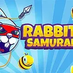 En tegneserieaktig illustrasjon med en hvit kanin med rød maske, hovedelementer i blå og gule farger, og tittelen Rabbit Samurai 2