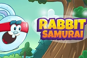 En tegneseriekanin med rød pannebånd og briller svever ved siden av et tre med teksten Rabbit Samurai i fargerike bokstaver